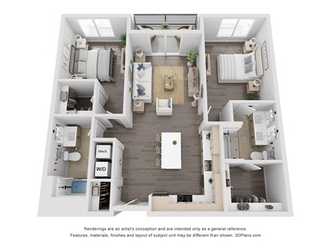 Floor plan for 2 beds, 2 baths, 1144 sqft